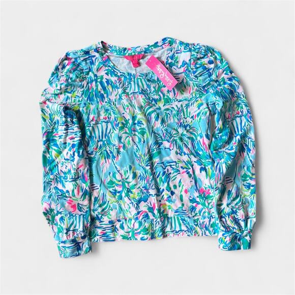 Lilly Pulitzer Jansen Long Sleeve Sweatshirt Blue Ibiza Cabana Cocktail M NWT - Picture 1 of 7
